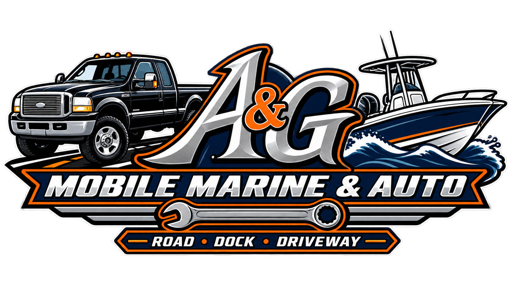 A&G Mobile Marine & Auto logo: pickup truck, center console boat and wrench with the words Road Dock Driveway