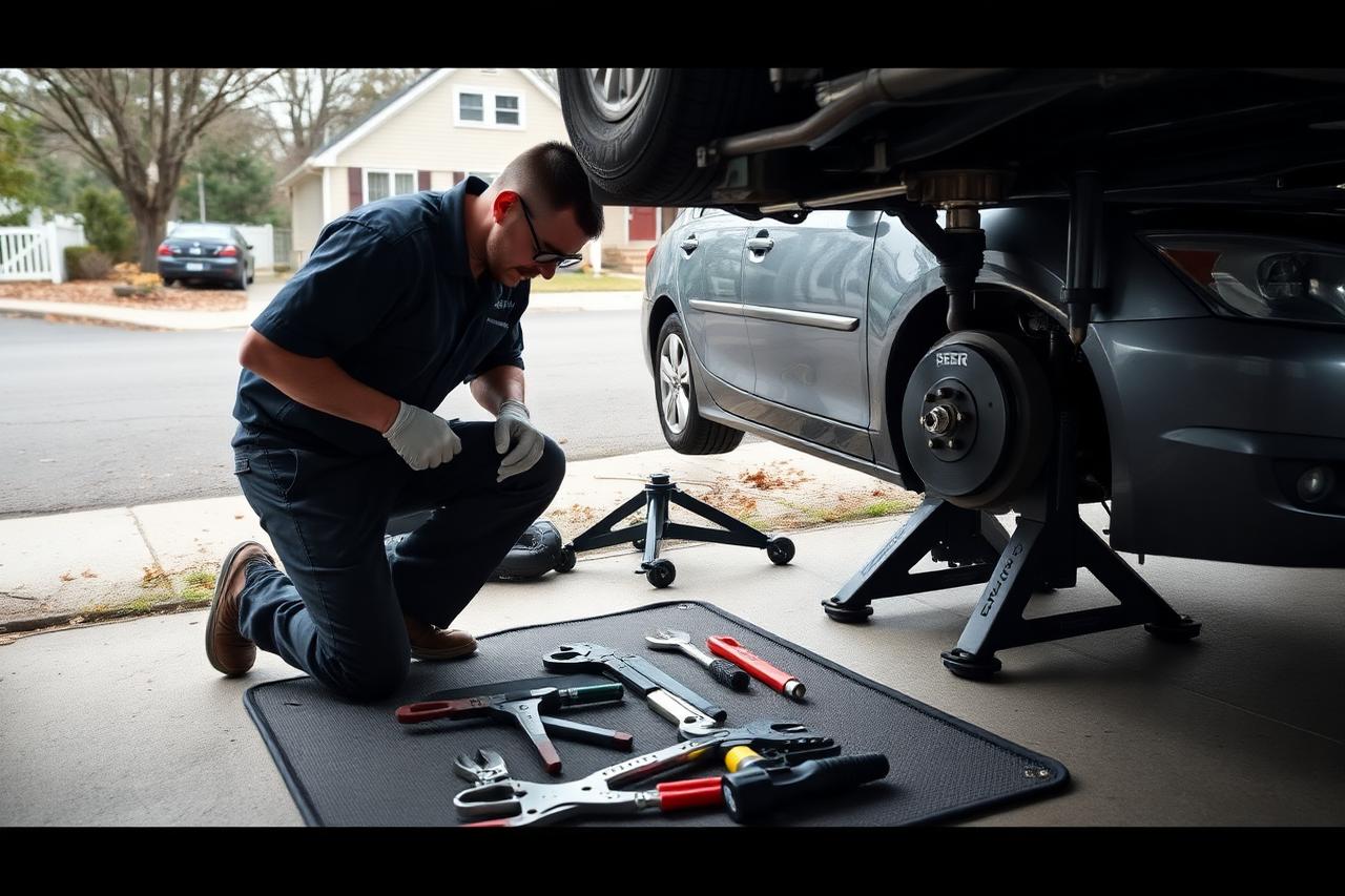 Mobile mechanic performing brake service on a car in a residential driveway