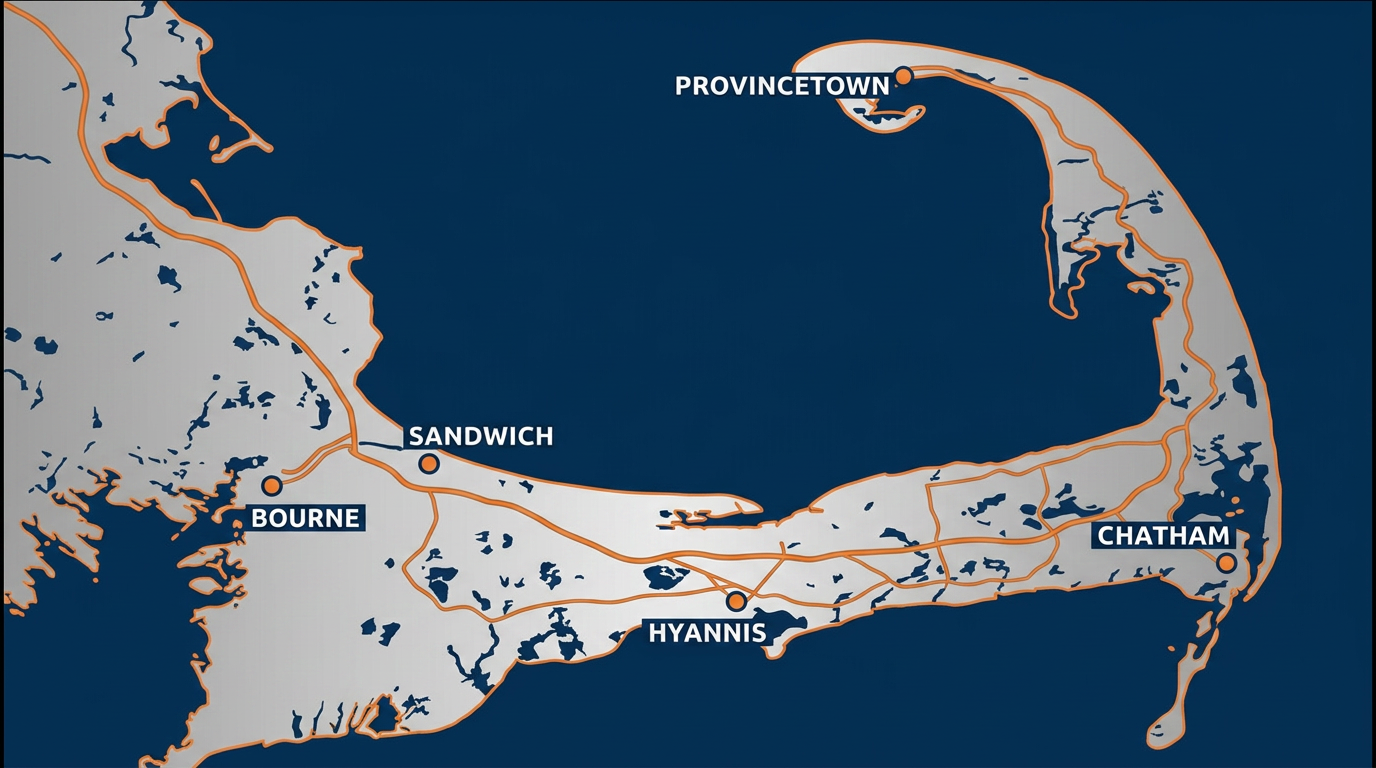 Map of Cape Cod, Massachusetts, highlighting Bourne, Sandwich, Hyannis, Chatham, and Provincetown service areas