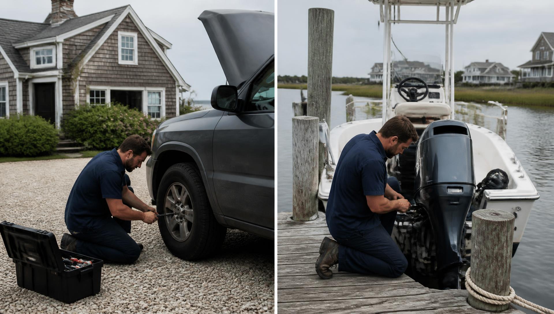 Split scene: a mechanic servicing a pickup truck in a Cape Cod shell driveway and the same mechanic servicing an outboard motor on a boat at a harbor dock
