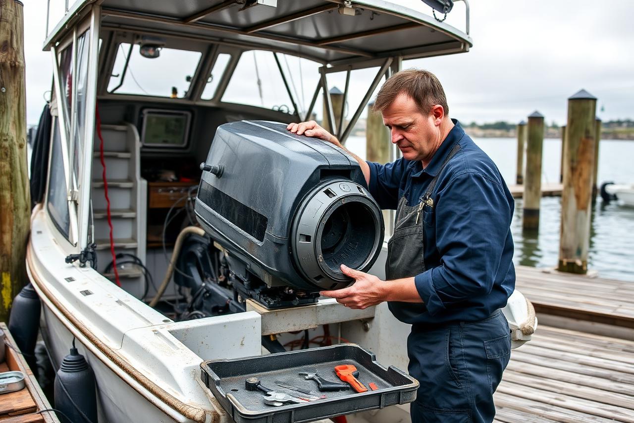 Mechanic servicing an outboard motor on a boat tied to a wooden dock