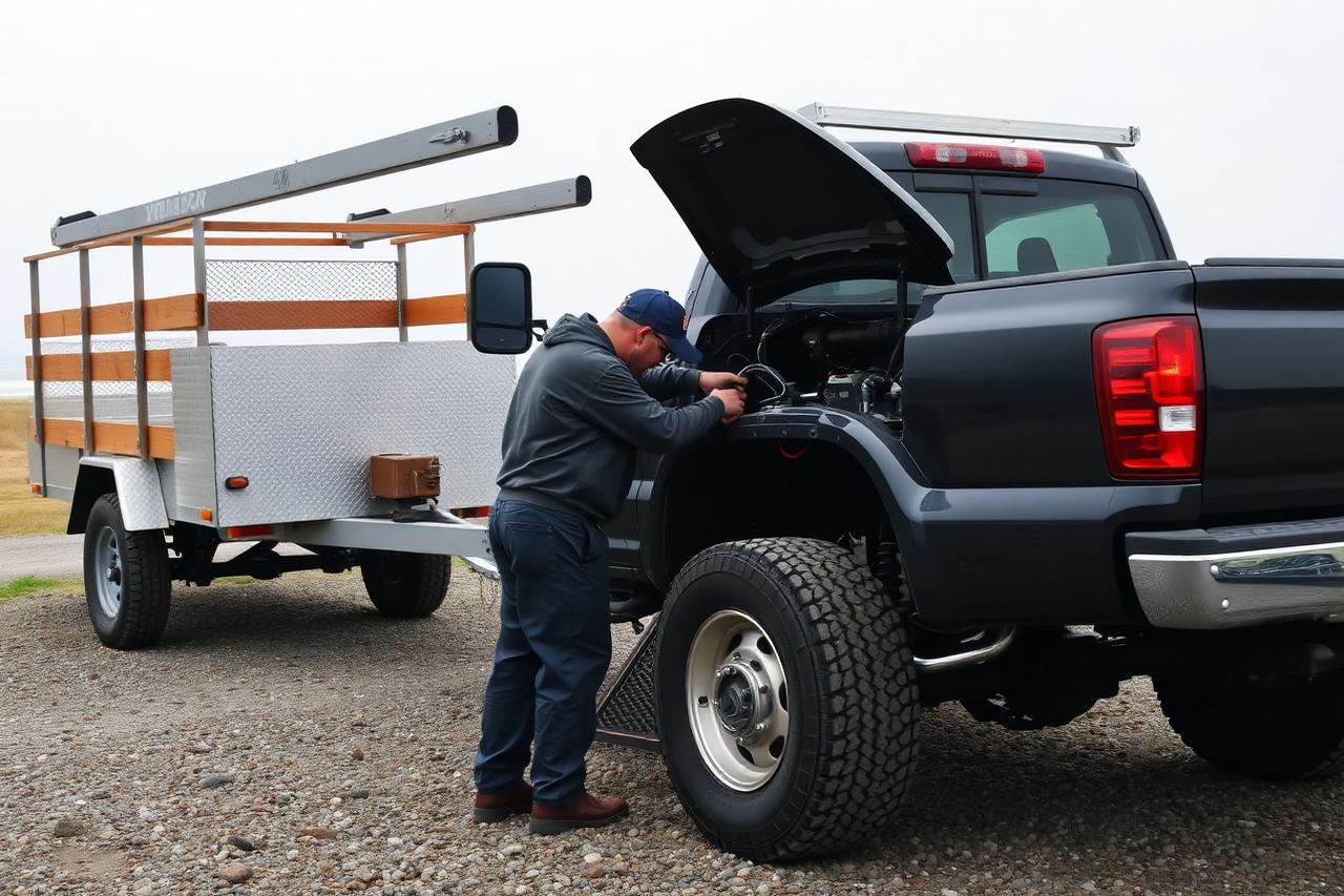 Mechanic checking the engine of a work pickup truck with a utility trailer attached